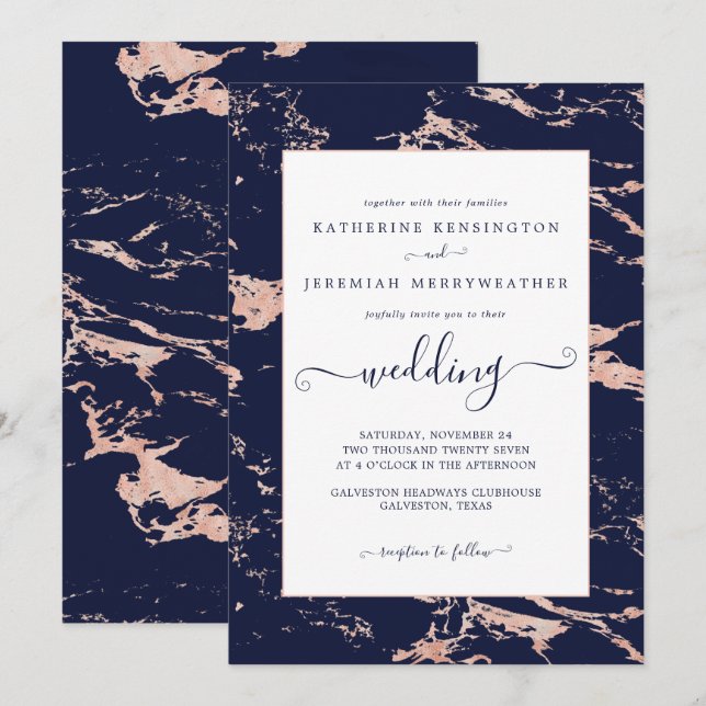 Chic Navy Blue Rose Gold Marble Wedding Invitation (Front/Back)