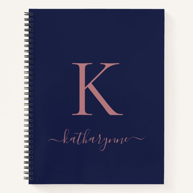 Chic Navy Blue Rose Gold Pink Monogram Name Notebook (Front)