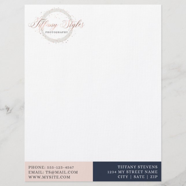 Chic Navy Blue & Rose Gold Trendy Company Logo Custom Letterhead (Front)