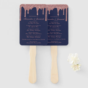 Chic Navy Blue Rose Gold Wedding Program Hand Fan