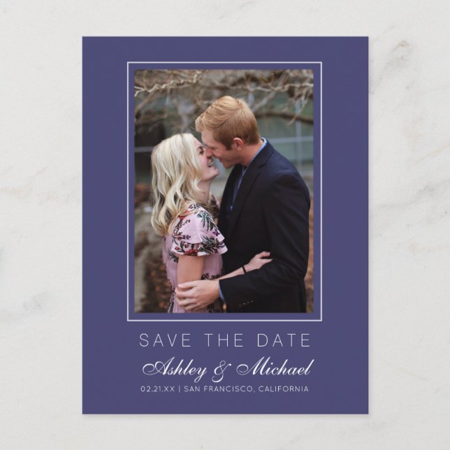 Chic Navy Blue Save the Date Engagement Photo Announcement Postcard (Front)