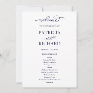 Chic Navy Blue Script Wedding Ceremony Program Invitation