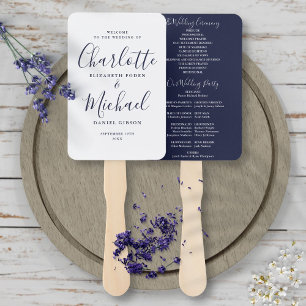 Chic Navy Blue Signature Script Wedding Program Hand Fan