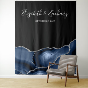 Chic Navy Blue Silver Agate Wedding Photo Booth Tapestry