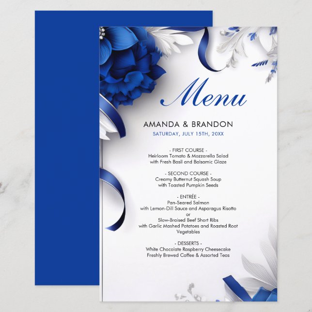 Chic Navy Blue & Silver Flowers Ribbons Wedding (Front/Back)