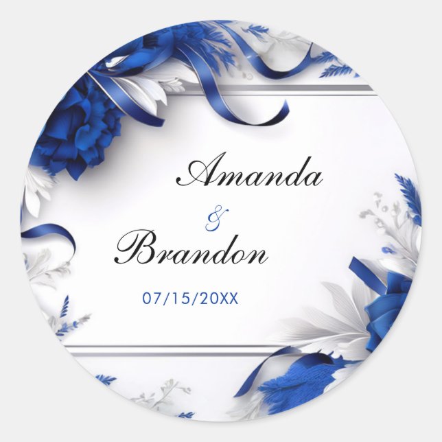 Chic Navy Blue & Silver Flowers Ribbons Wedding Classic Round Sticker (Front)