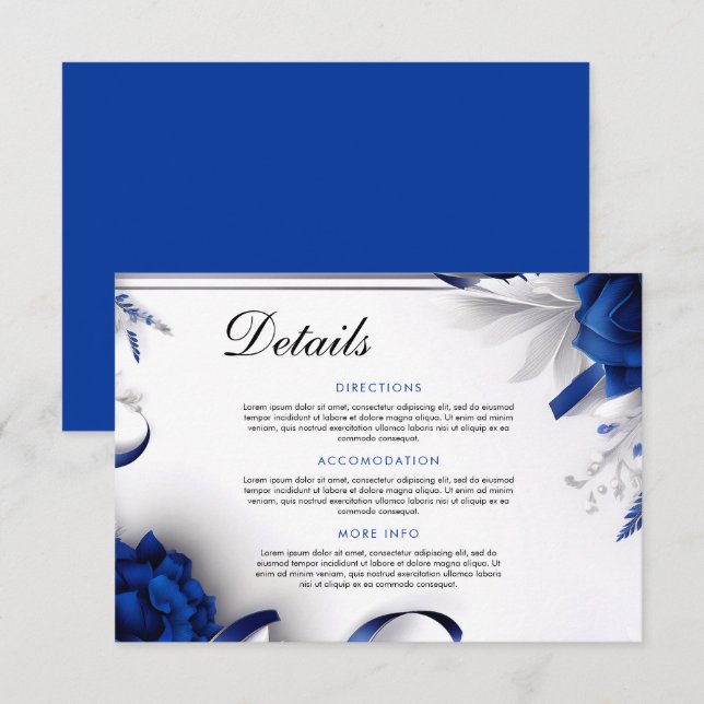 Chic Navy Blue & Silver Flowers Ribbons Wedding Enclosure Card (Front/Back)