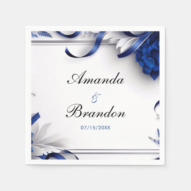 Chic Navy Blue & Silver Flowers Ribbons Wedding Napkin (Front)