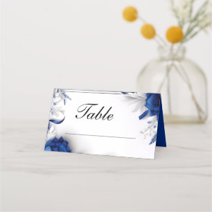 Chic Navy Blue & Silver Flowers Ribbons Wedding Place Card