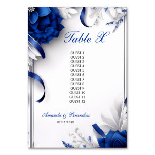 Chic Navy Blue & Silver Flowers Ribbons Wedding Table Number