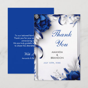 Chic Navy Blue & Silver Flowers Ribbons Wedding Thank You Card