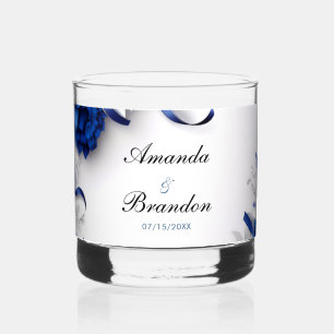 Chic Navy Blue & Silver Flowers Ribbons Wedding Whiskey Glass