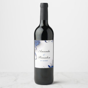 Chic Navy Blue & Silver Flowers Ribbons Wedding Wine Label