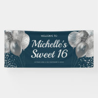 Chic Navy Blue Silver Glitter Balloons Sweet 16