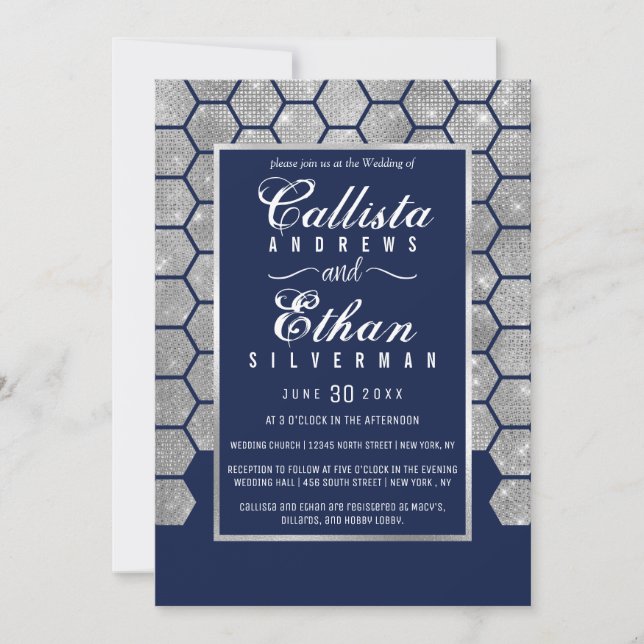 Chic Navy Blue Silver Glitter Hexagon Geo Wedding Invitation (Front)