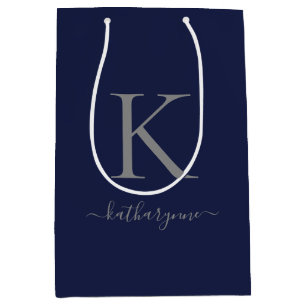 Chic Navy Blue Silver Monogram Name Medium Gift Bag