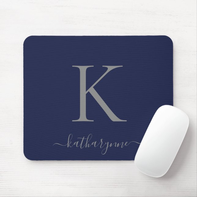 Chic Navy Blue Silver Monogram Script Mouse Mat (With Mouse)