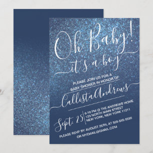Chic Navy Blue Sparkly Glitter Ombre Baby Shower Invitation