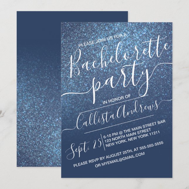 Chic Navy Blue Sparkly Glitter Ombre Bachelorette Invitation (Front/Back)