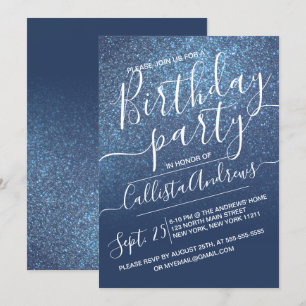 Chic Navy Blue Sparkly Glitter Ombre Birthday Invitation