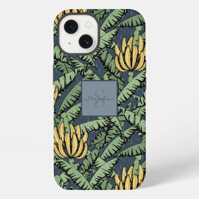 Chic Navy Blue Tropical Yellow Banana Leaf Pattern iPhone Case (Back)