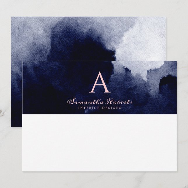 Chic Navy Blue Watercolor Blush Pink Monogram Card (Front/Back)