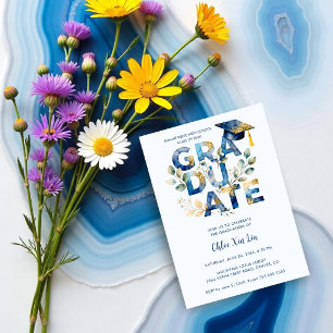 Chic Navy Blue Watercolor Gold Glitter Graduation Invitation