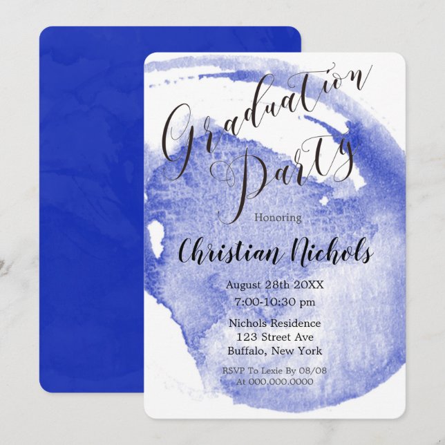 Chic Navy Blue Watercolor Graduation Party Invitat Invitation (Front/Back)