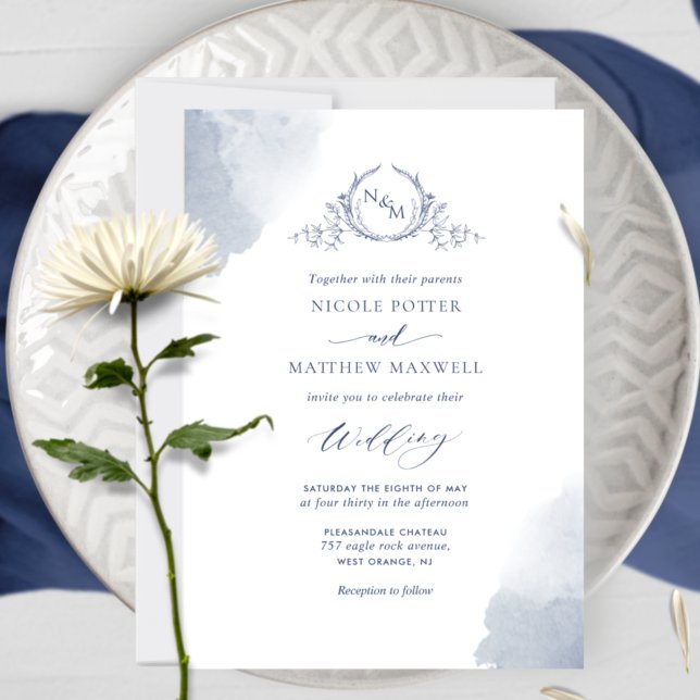 Chic Navy Blue Watercolor Stains, Monogram Wedding Invitation (Creator Uploaded)
