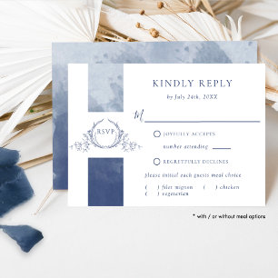 Chic Navy Blue Watercolor Wedding Monogram RSVP Card