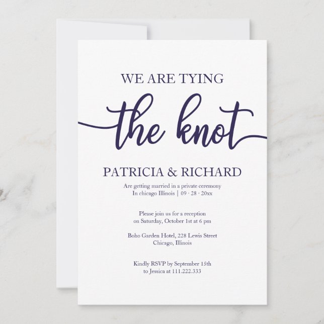 Chic Navy Blue White Calligraphy Elopement Wedding Invitation (Front)
