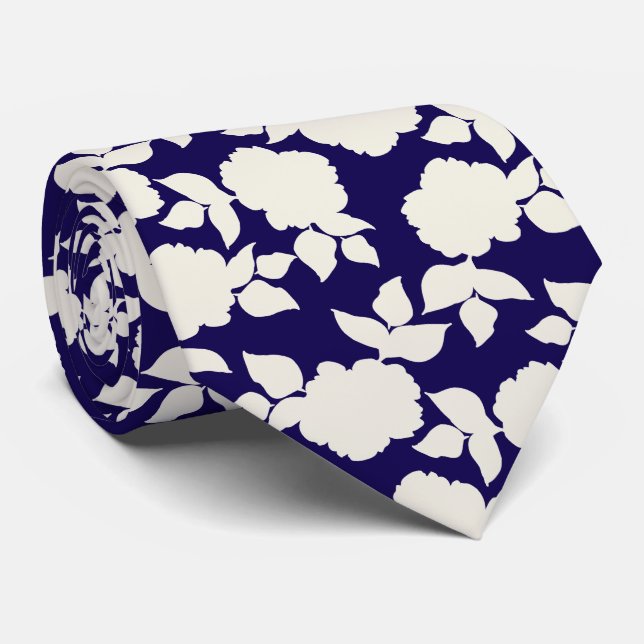 Chic navy blue &white floral pattern tie (Rolled)
