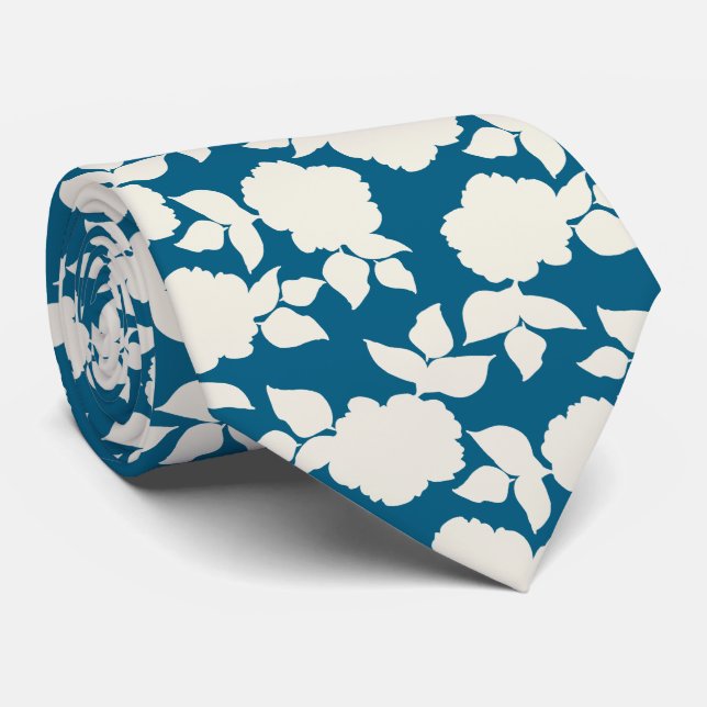 Chic navy blue &white floral pattern tie (Rolled)