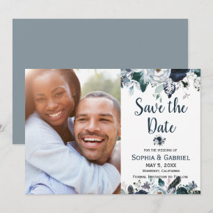Chic Navy Blue White Flowers Wedding Save the Date