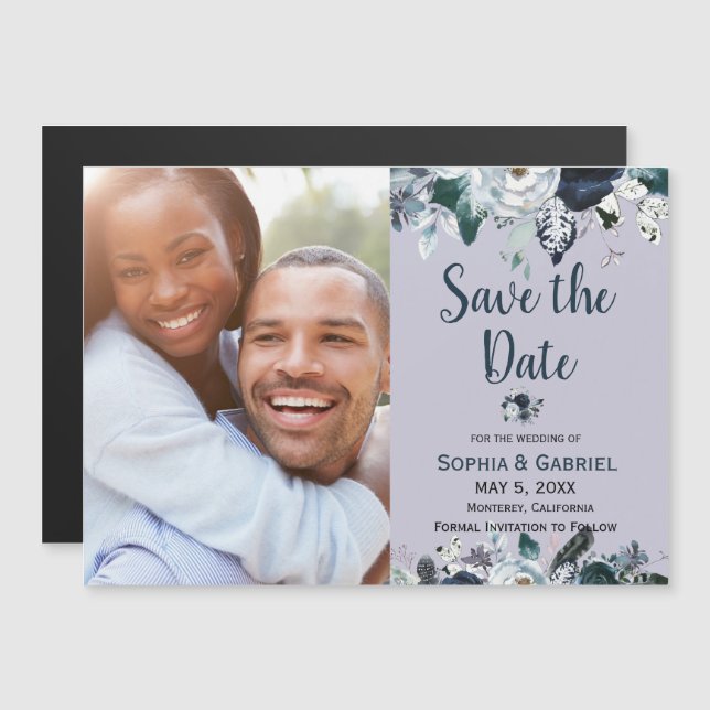 Chic Navy Blue White Flowers Wedding Save the Date Magnetic Invitation (Front/Back)