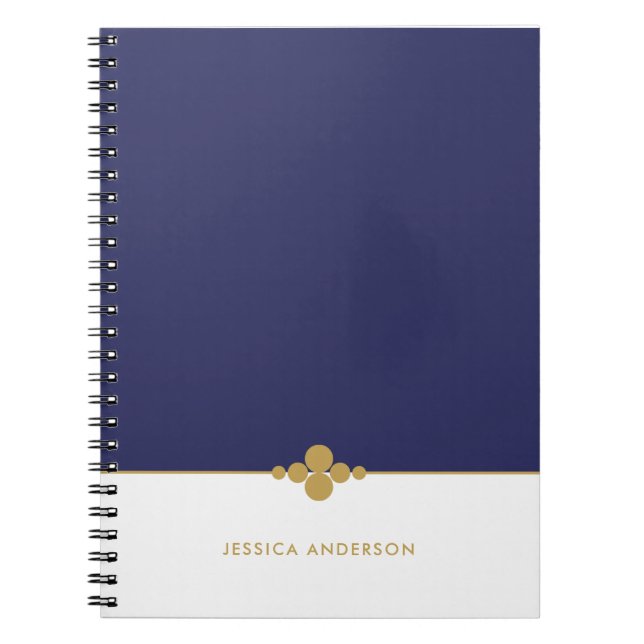 Chic Navy Blue White Gold Personalised Notebook (Front)