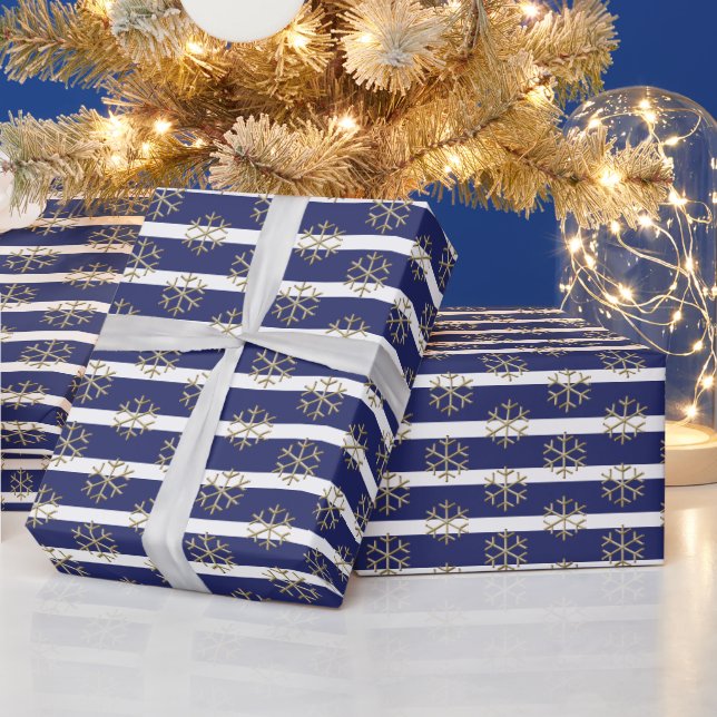 Chic navy blue white gold stripes and snowflakes wrapping paper (Holidays)
