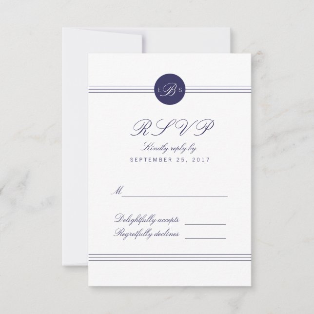 Chic Navy Blue White Monogram Response RSVP Card (Front)
