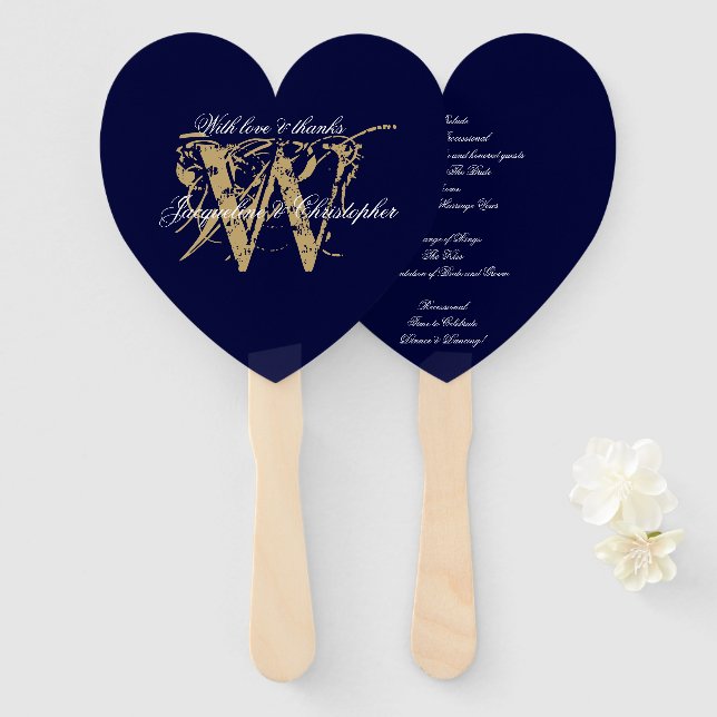 Chic Navy Blue & White Monogram Wedding Program Hand Fan (Front and Back)