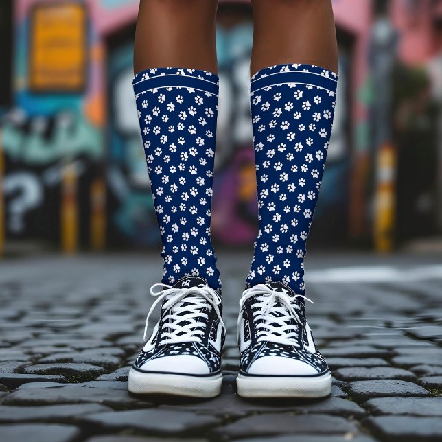 Chic Navy Blue & White Paw Print Personalised Name Socks (Creator Uploaded)