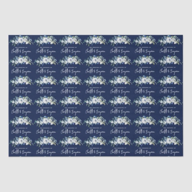 Chic Navy Blue White Peony Floral Custom Wedding Tissue Paper (Front)
