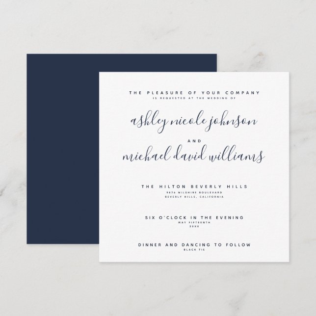 CHIC NAVY BLUE & WHITE SCRIPT Typography Wedding Invitation (Front/Back)