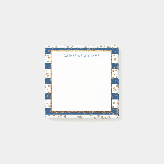 Chic Navy Blue White Stripe Gold Glitter Confetti Post-it Notes (Front)