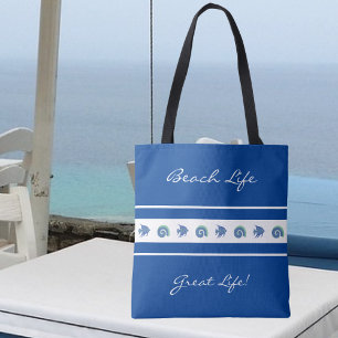 Chic Navy Blue White Stripes Fish Shell Beach Life Tote Bag