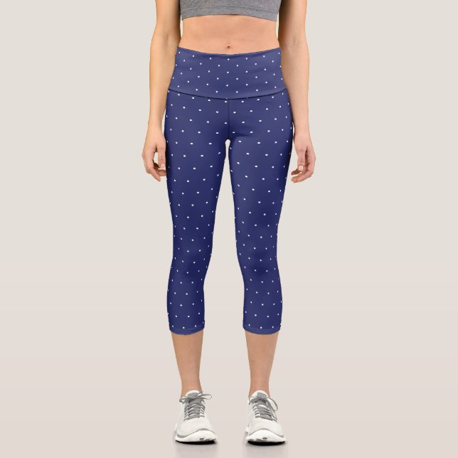 Chic navy blue white tiny polka dots pattern cute  capri leggings (Front)