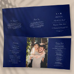 Chic Navy Blue & White Wedding Tri-Fold Programme<br><div class="desc">These beautiful programs are perfect for anyone getting married this year. The design features elegant white wording on a navy blue background, very trendy but with a timeless feel. The template wording is easy to personalise and there is also space to include your favourite photo. If you would like to...</div>