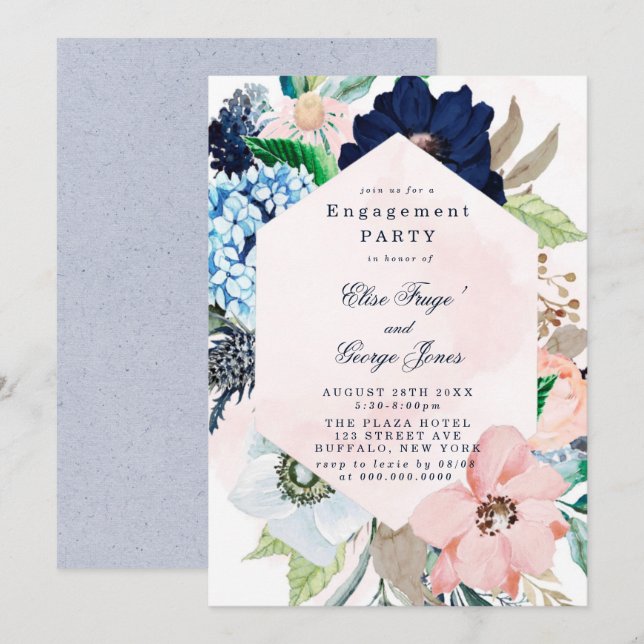 Chic Navy Blush Pink Floral Engagement Party Invit Invitation (Front/Back)