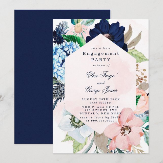 Chic Navy Blush Pink Floral Engagement Party Invitation (Front/Back)