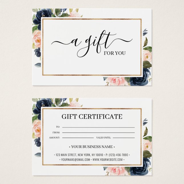 Chic Navy Blush Pink Floral Gift Certificate Card (Front & Back)