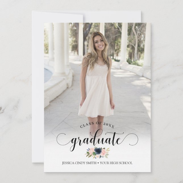 Chic Navy Blush Pink Floral Photo Graduation Party Invitation (Front)